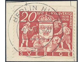 Sweden. Facit 263 on piece , 1938 New Sweden 20 öre red. Small cut piece with …