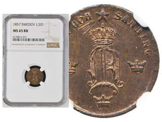 Coins, Sweden. Oskar I, SM 141, 1/2 öre 1857. Graded by NGC as MS65 RB. Tied highest …