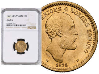 Coins, Sweden. Oskar II, MIS I.2a, 10 kronor 1874/3. Graded by NGC as MS65. SM 25b. SG …