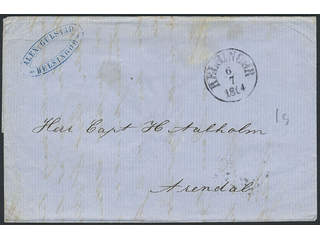 Denmark. Prephilately. Folded letter sent from HELSINGØR 6.7.1864 to Arendal. Transit …