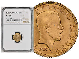 Coins, Sweden. Gustav V, MIS I, 5 kronor i guld 1920. Graded by NGC as MS66. SM 2. SG 2.