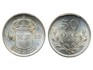 Coins, Sweden. Gustav V, MIS I.7, 50 öre 1928. Graded by PCGS as MS64. 01/0.