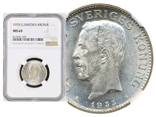 Coins, Sweden. Gustav V, MIS I.19, 1 krona 1933. Graded by NGC as MS63. SM 52. 01/0.