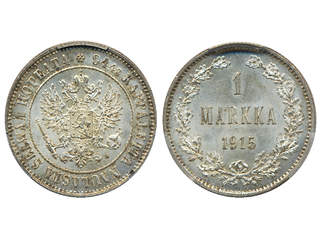 Coins, Finland. Nicholas II, KM 3.2, 1 markka 1915. Beautiful example with light toning. …