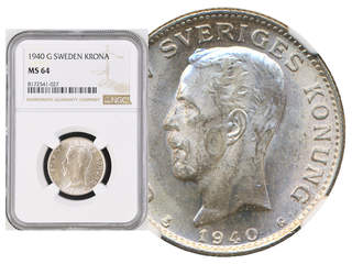 Coins, Sweden. Gustav V, MIS I.26a, 1 krona 1940. Graded by NGC as MS64. SM 59a. 01/0.