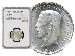 Coins, Sweden. Gustav V, MIS I.26a, 1 krona 1940. Graded by NGC as MS64+. SM 59a. 01/0.